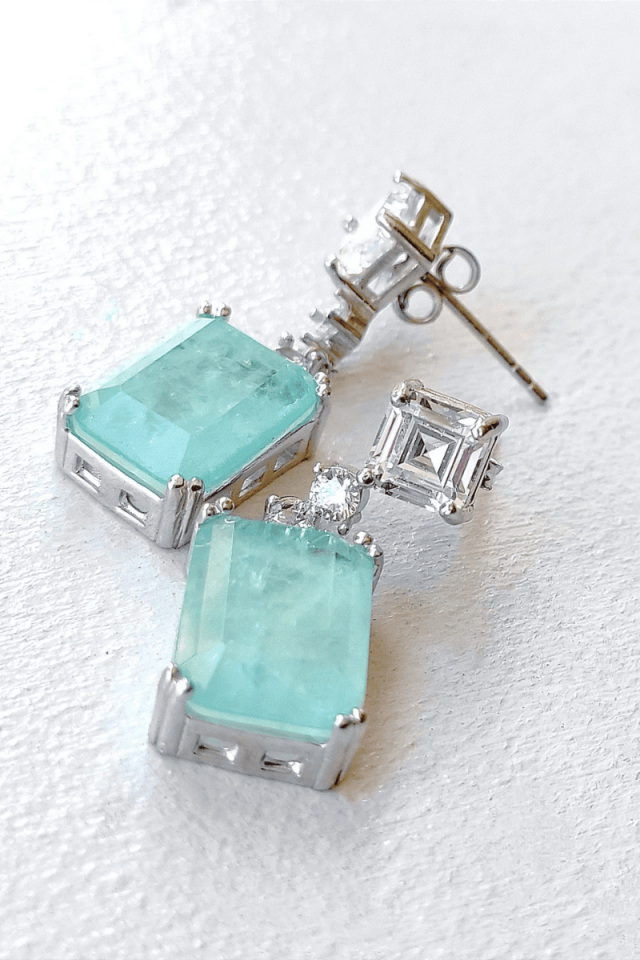 Paraiba (Yeşil Kuvars) & Baget Taşlı Sarkıt Küpe